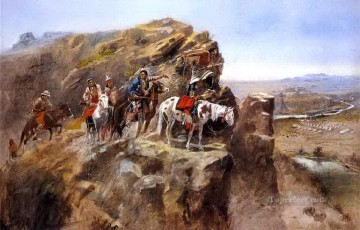 アメリカインディアン Painting - 崖の上でマイル軍の将軍を調査するインディアン チャールズ・マリオン・ラッセル アメリカ・インディアン